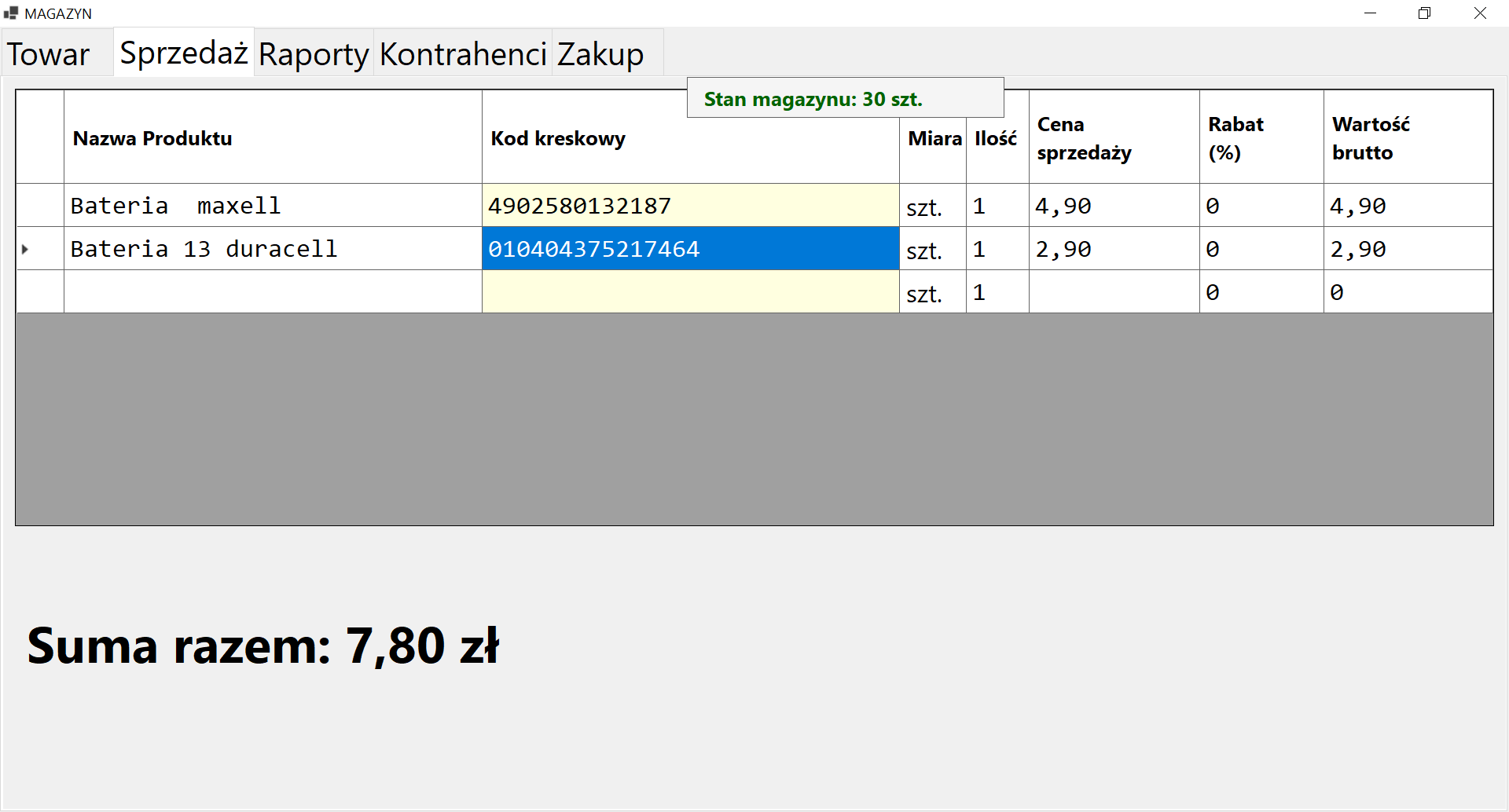 Panel główny aplikacji Stokit